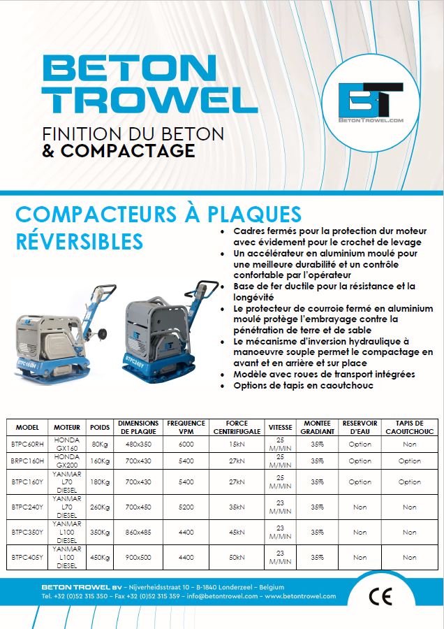 Compacteurs De Plaques Réversibles BTPC60RH BTPC160 BTPC160Y BTPC240Y BTPC350Y BTPC405Y