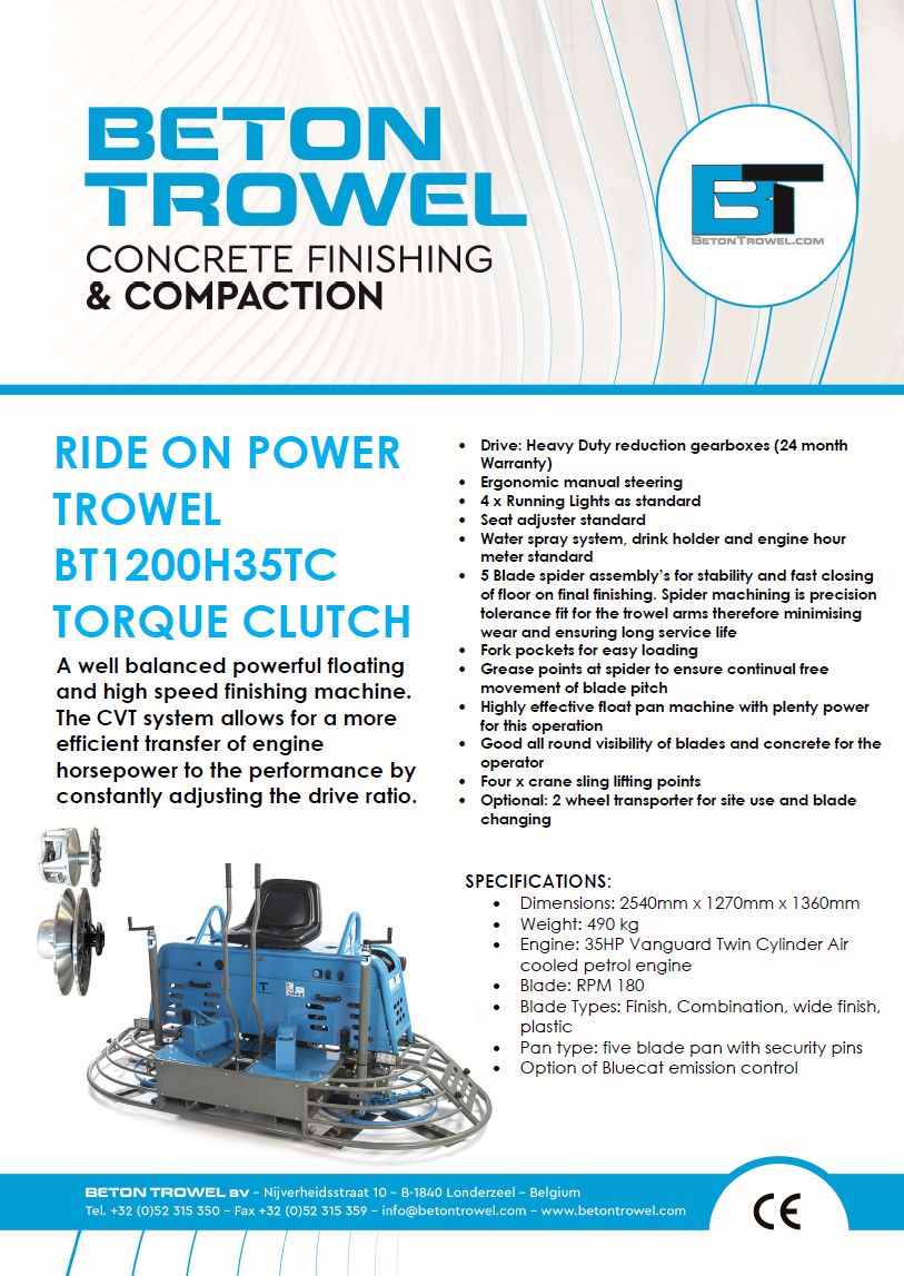 BT1200H35TC Ride On Power Trowel Torque Clutch
