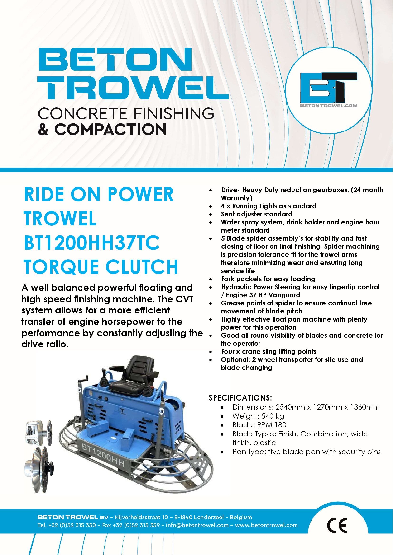 BT1200HH37TC Ride On Power Trowel Torque Clutch